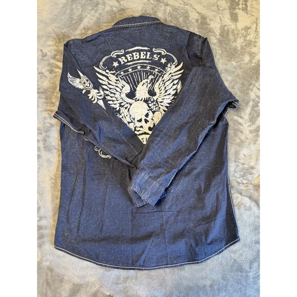 TRANQUILITY AND MAYHEM Men's Large Shirt Blue Pockets Rebels Graphic - Picture 8 of 12